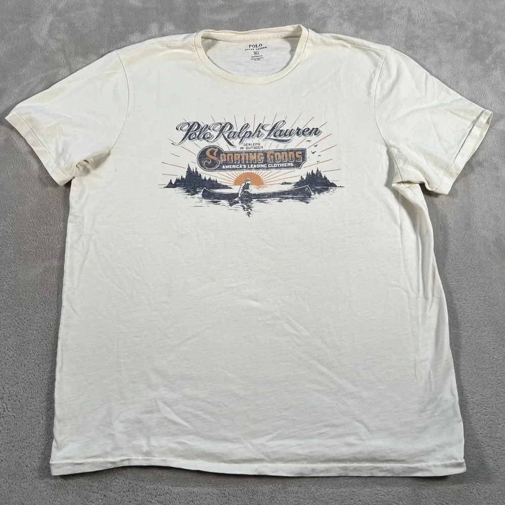 Polo Ralph Lauren Sporting Goods T-Shirt Men's XL Cream Custom Fit Graphic Tee